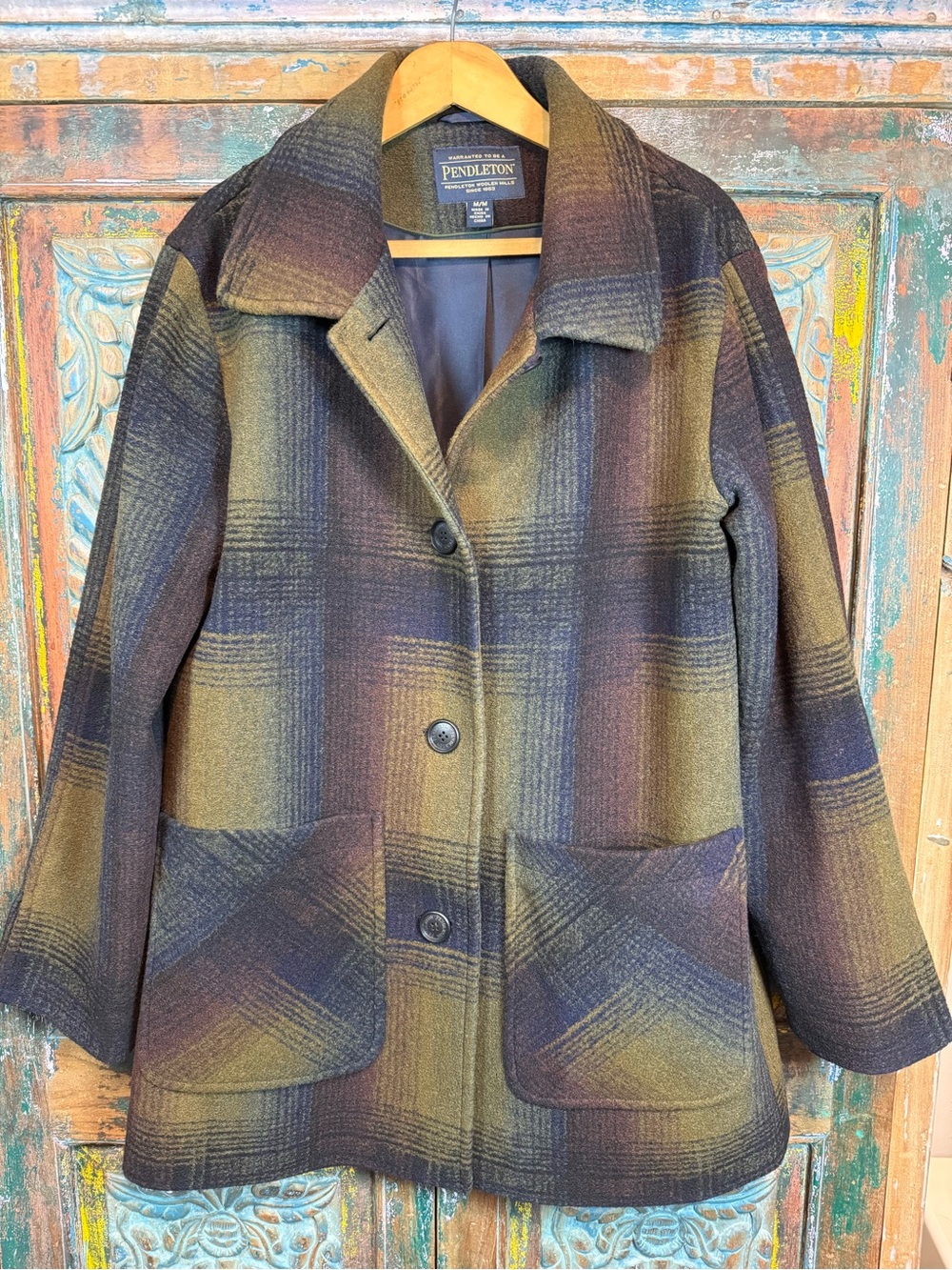 Pendleton Wool Blend Topper Coat in exploded rainbow plaid